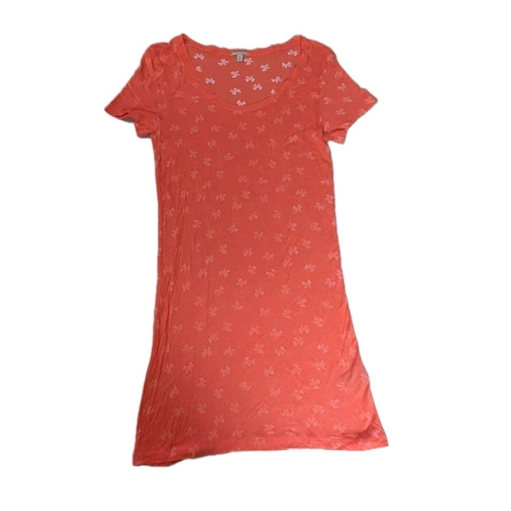 Charlotte Russe Coral Pink Bow Print Mini Dress Small S V-Neck Short Sleeve...